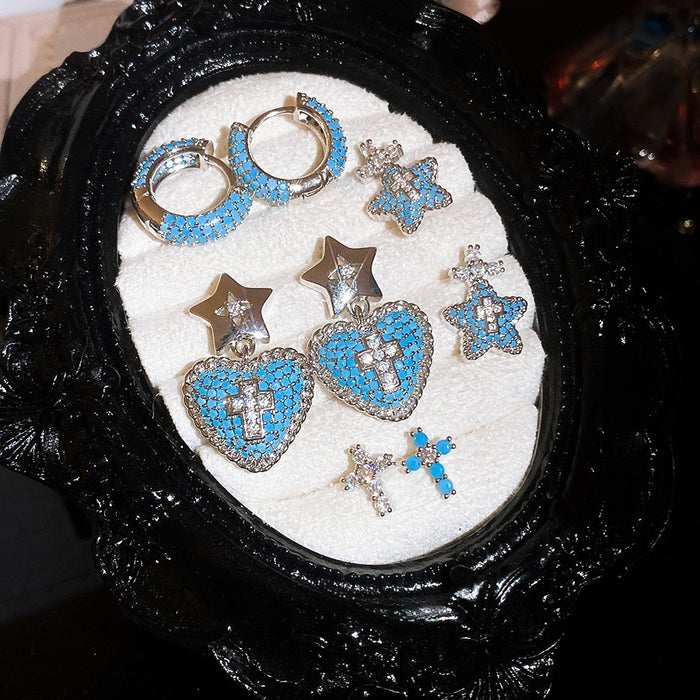 Blue Full Zircon Round Cross Copper Stud Earrings With Silver Pins, Modern Geometric Style