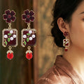Elegant Vintage Burgundy Enamel Flower Rhinestone Faux Pearl Beaded Tassel Alloy Stud Drop Earrings view 1