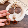 Vintage Wooden Woven Flower Round Stud Earrings, Ethnic Geometric Boho Design view 2