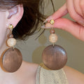 Vintage Wooden Woven Flower Round Stud Earrings, Ethnic Geometric Boho Design view 3