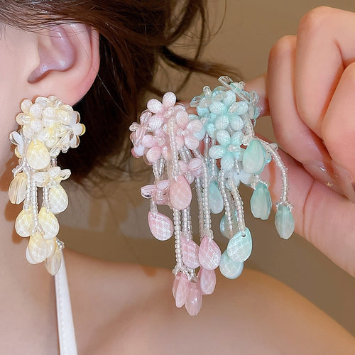 Fresh Summer Faux Crystal Beaded Flower Stud Earrings Sweet Vacation Style Jewelry