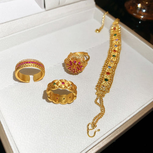 Vintage Copper Colorful Gemstone Bracelet And Ring Jewelry Set, Niche Luxury Geometric Design