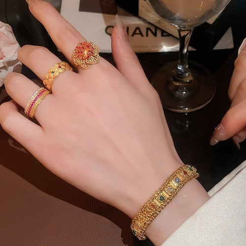 Vintage Copper Colorful Gemstone Bracelet And Ring Jewelry Set, Niche Luxury Geometric Design