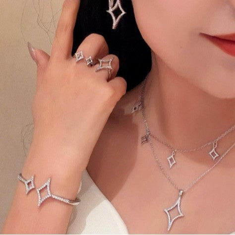 Old Money Copper Zircon Starburst Hollow Open Ring Bracelet Necklace Jewelry Set For Women