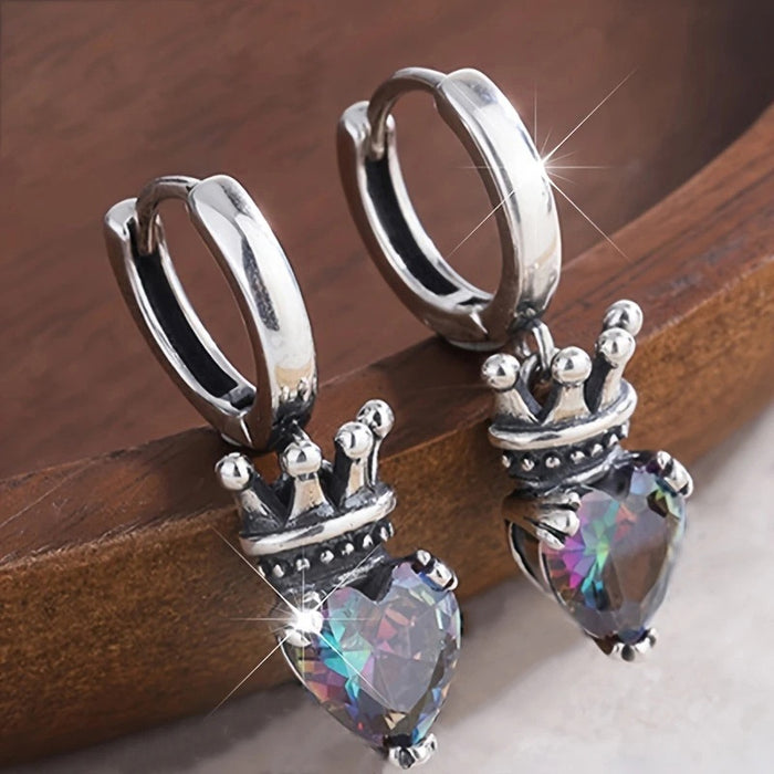 Crown Heart Hoop Earrings With Colorful Zircon, Unique Sweet Cool Cat Paw Design Jewelry