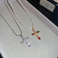 Maillard Style Faux Pearl Zircon Cross Necklace Hip Hop Geometric Clavicle Choker view 3