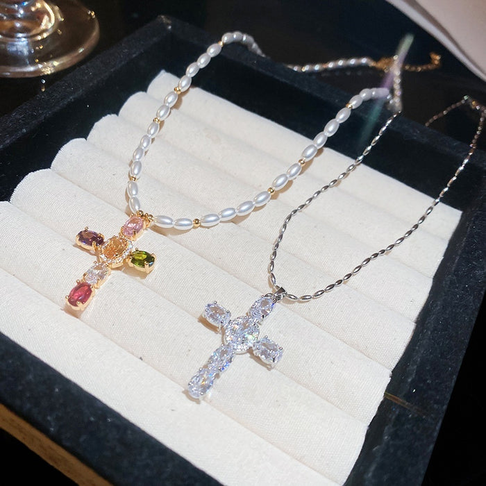 Maillard Style Faux Pearl Zircon Cross Necklace Hip Hop Geometric Clavicle Choker
