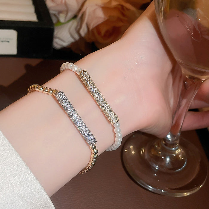 Modern Minimalist Copper Bamboo Zircon Pearl Bangle With Geometric Round Charm