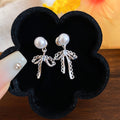 Korean Style Lace Bow Faux Pearl Stud Earrings With Silver Pins Sweet Light Luxury Jewelry view 2