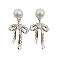 Korean Style Lace Bow Faux Pearl Stud Earrings With Silver Pins Sweet Light Luxury Jewelry view 5