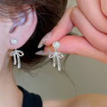 Korean Style Lace Bow Faux Pearl Stud Earrings With Silver Pins Sweet Light Luxury Jewelry view 1
