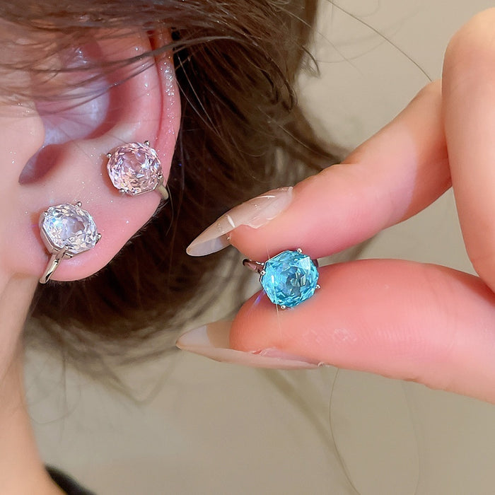 Korean Sweet Style Copper Round Zircon Clip-on Earrings for No Piercing Daily Wear