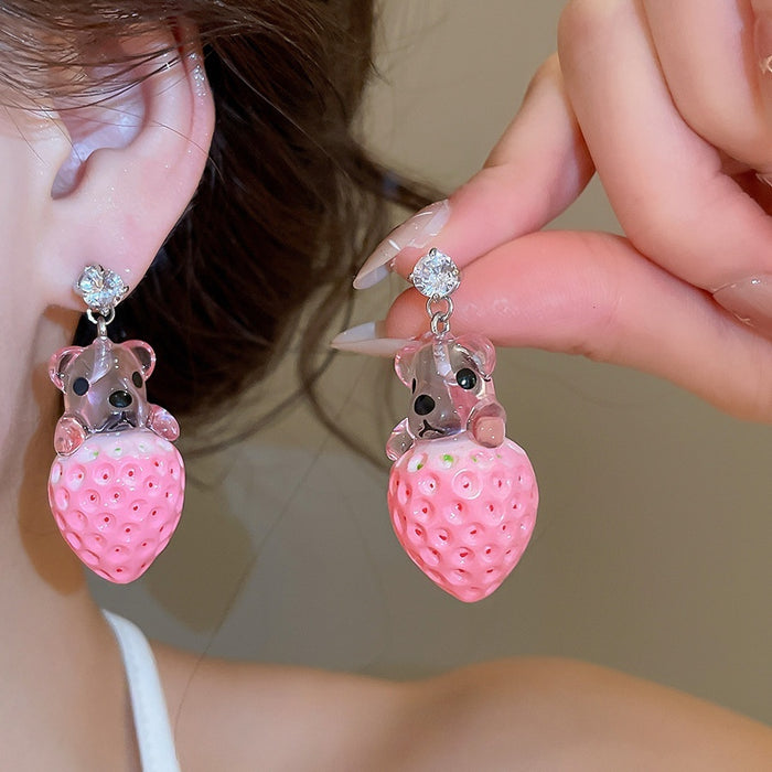 Sweet Resin Strawberry Bear Zircon Stud Earrings For Women, Cute Cartoon Fruit Jewelry