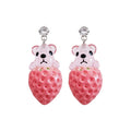 Sweet Resin Strawberry Bear Zircon Stud Earrings For Women, Cute Cartoon Fruit Jewelry view 5