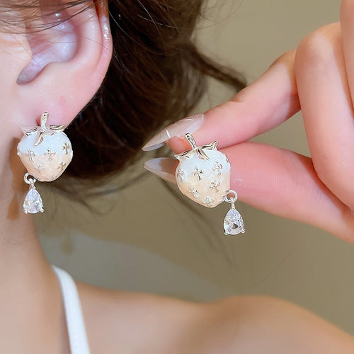 Sweet Strawberry Zircon Copper Stud Earrings With Silver Pin, Light Luxury Fruit Jewelry For Women