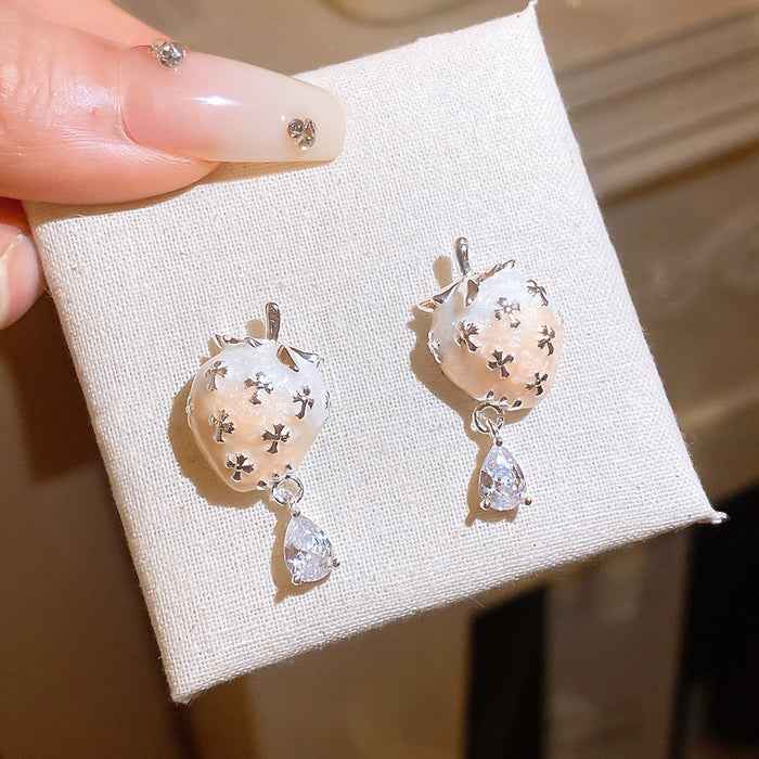 Sweet Strawberry Zircon Copper Stud Earrings With Silver Pin, Light Luxury Fruit Jewelry For Women