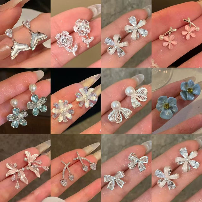 Korean Style Copper Zircon Flower Stud Earrings With Silver Pins For Elegant Daily Wear