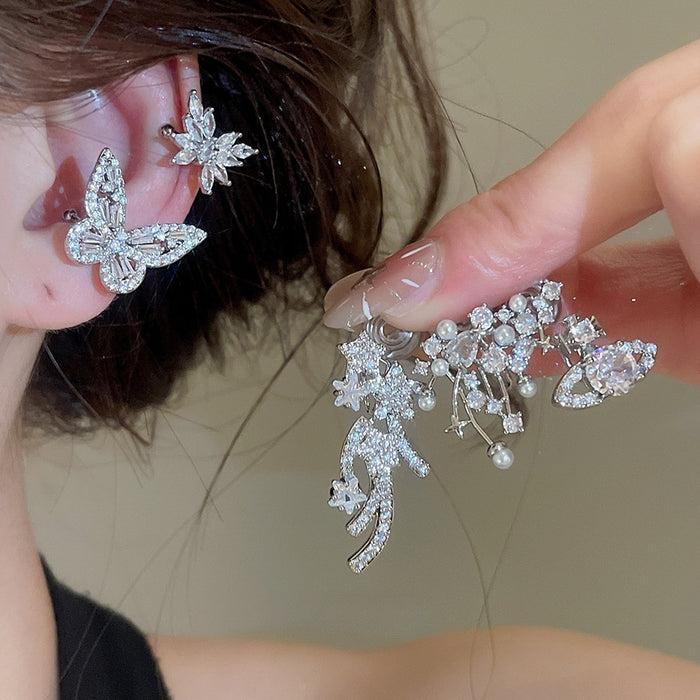 Light Luxury Copper Saturn Star Butterfly Zircon Clip-on Earrings No Piercing Ear Cuffs