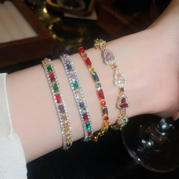 Light Luxury Copper Bangle With Colorful Zircon Geometric Gourd Design For Women