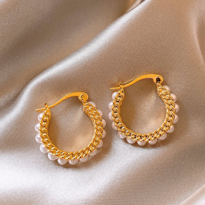 French Vintage U-Shaped Faux Pearl Ear Cuff Earrings, Elegant Geometric Round Light Luxury Jewelry