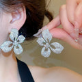 18K Gold Plated Copper Sparkling Full Rhinestone Butterfly Flower Stud Earrings Light Luxury Style view 3