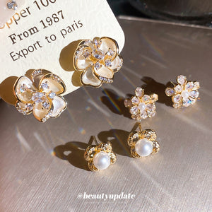 18K Gold Plated Copper Zircon Flower Stud Earrings With Silver Pins, French Elegant Style