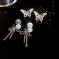 French Bow Tassel Faux Pearl Clip-on Earrings With Zircon Butterfly Light Luxury Ear Jewelry view 4