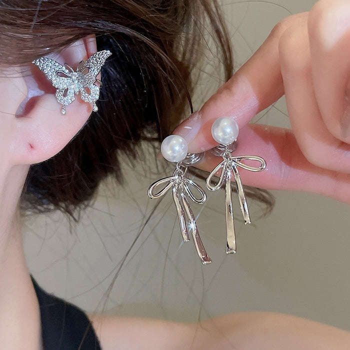 French Bow Tassel Faux Pearl Clip-on Earrings With Zircon Butterfly Light Luxury Ear Jewelry