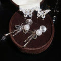 French Bow Tassel Faux Pearl Clip-on Earrings With Zircon Butterfly Light Luxury Ear Jewelry view 2