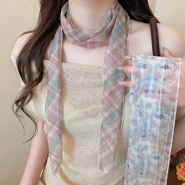 Old Money Style Printed Mesh Scarf Necklace For Women, Geometric Line Cloth Choker Sunshade Neck Tie