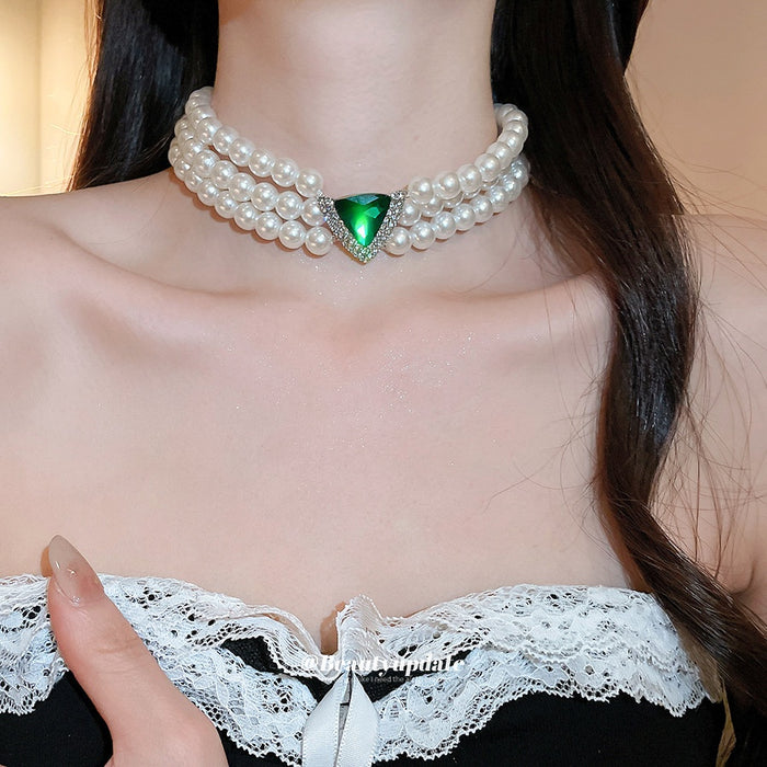 Vintage Court Style Layered Faux Pearl Beaded Rhinestone Triangle Choker Necklace for Women
