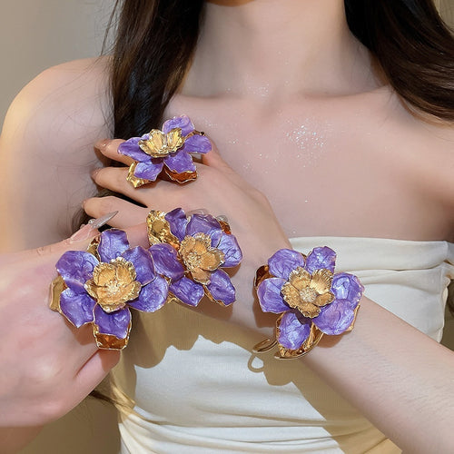 Light Luxury Iron Enamel Textured Flower Open Bracelet Ring Earring Jewelry Set For Women