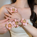 Light Luxury Iron Enamel Textured Flower Open Bracelet Ring Earring Jewelry Set For Women view 4