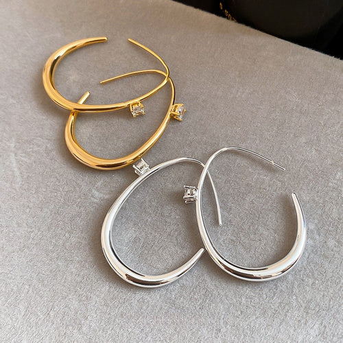 18K Gold Plated Copper Oval Hoop Earrings With Zircon Accents Minimalist Geometric Jewelry