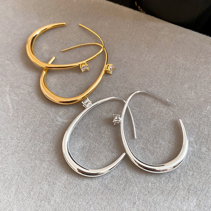 18K Gold Plated Copper Oval Hoop Earrings With Zircon Accents Minimalist Geometric Jewelry