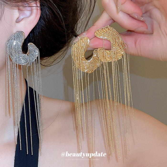 Alloy C-Shaped Metal Tassel Drop Earrings, Geometric Light Luxury Fashion Stud Style