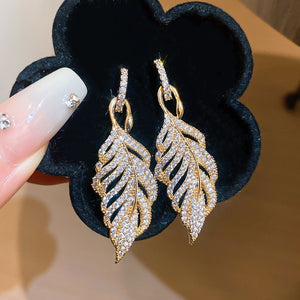 Vintage Luxury Gold Leaf Copper Zircon Stud Earrings, Soft Glow Statement Light Luxury Jewelry