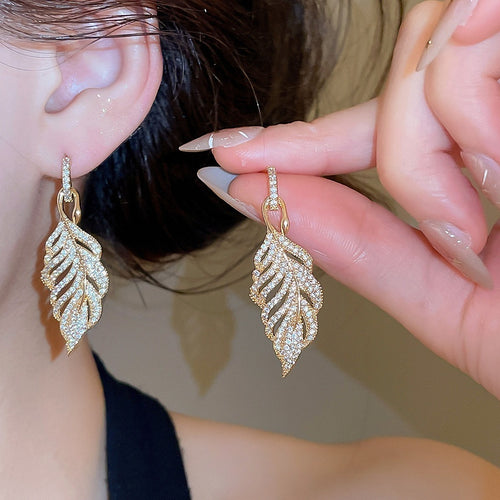 Vintage Luxury Gold Leaf Copper Zircon Stud Earrings, Soft Glow Statement Light Luxury Jewelry