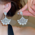 18K Gold Plated Silver Post Fan Zircon Faux Pearl Geometric Stud Earrings For Women view 4
