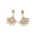 18K Gold Plated Silver Post Fan Zircon Faux Pearl Geometric Stud Earrings For Women view 5