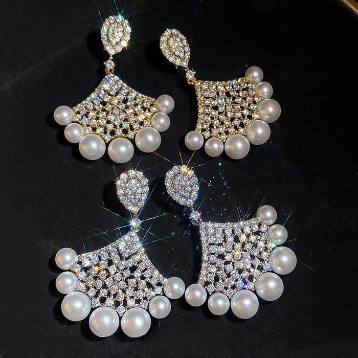18K Gold Plated Silver Post Fan Zircon Faux Pearl Geometric Stud Earrings For Women