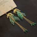 Luxury New Chinese Green Glazed Glass Flower Tassel Alloy Crystal Bead Long Dangle Earrings view 3