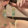 Luxury New Chinese Green Glazed Glass Flower Tassel Alloy Crystal Bead Long Dangle Earrings view 1