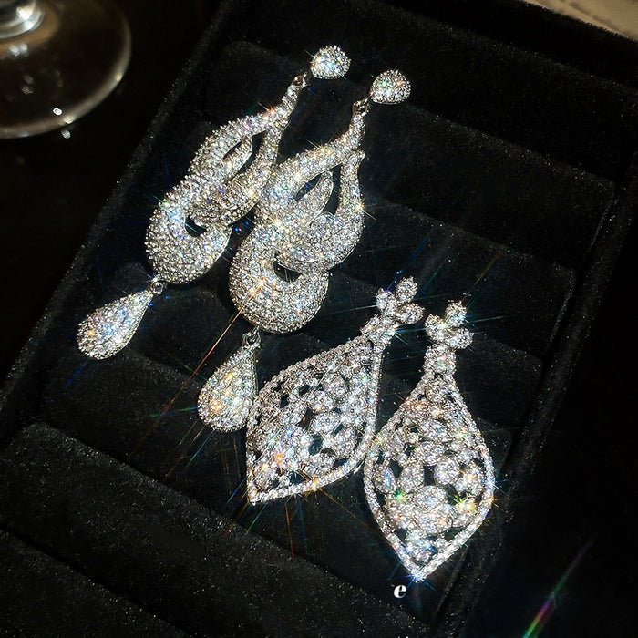 Copper Zircon Waterdrop Pendant Drop Earrings With Silver Posts Elegant Light Luxury Style