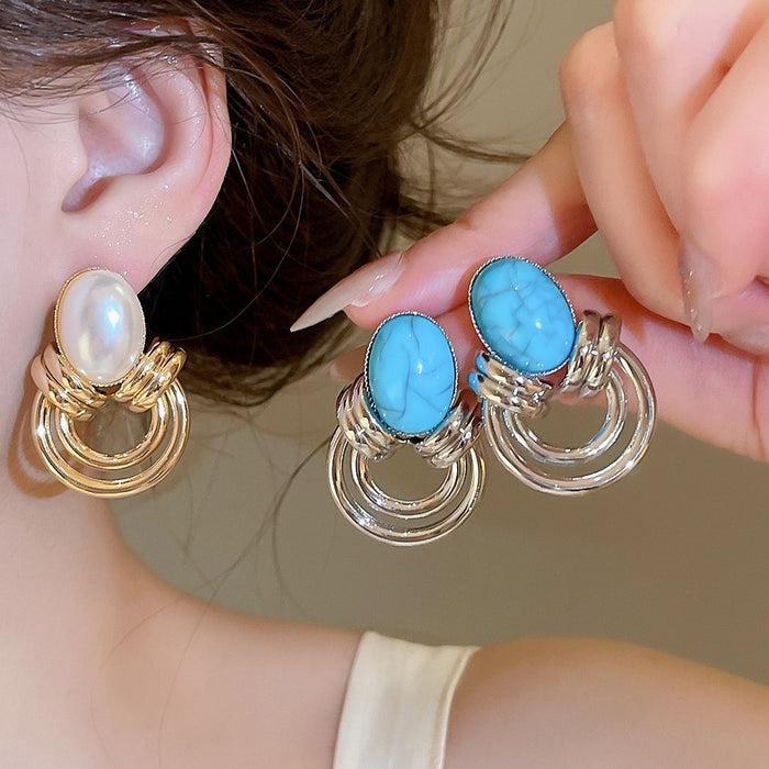 French Vintage Oval Turquoise Faux Pearl Stud Earrings For Women Elegant Geometric Jewelry