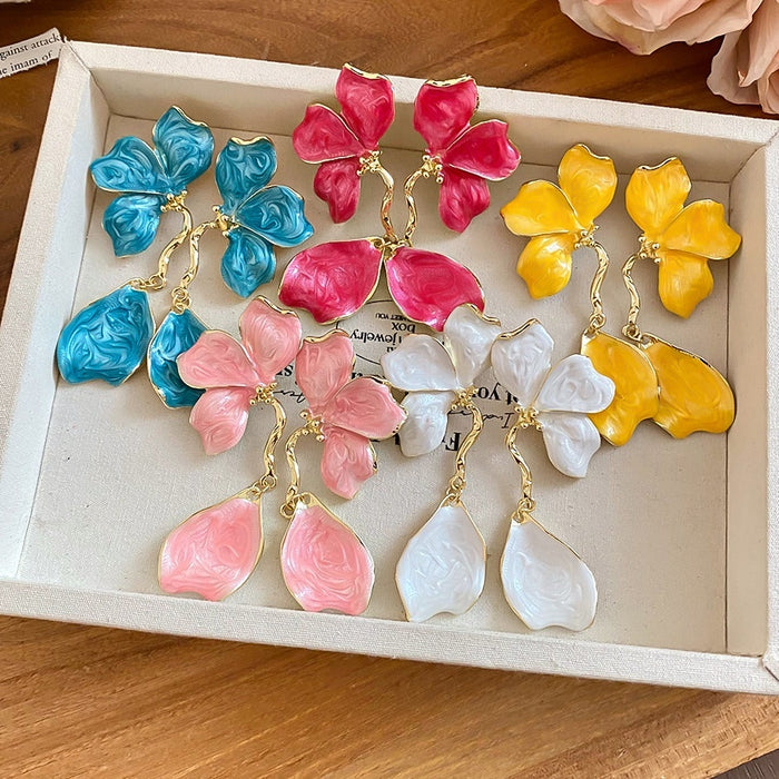 Ink Dyed Flower Alloy Stud Earrings With Oil Drip Enamel Floral Sweet Summer Design
