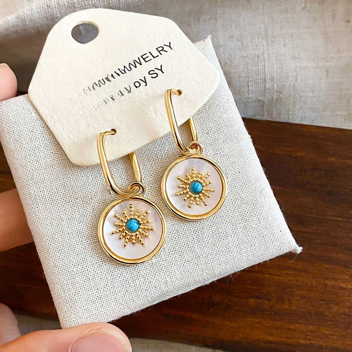 24K Gold Plated Round Mother Of Pearl Clip Earrings French Vintage Geometric Luxury Style