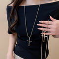 Alloy Long Cross Pendant Sweater Necklace, Simple Sweet Cool Geometric Clavicle Chain view 1