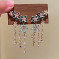 Blue Floral Rhinestone Tassel Drop Earrings Copper Silver Needle Light Luxury Garden Style view 2
