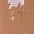 Light Luxury Alloy Butterfly Stud Earrings With Rhinestone Drip Oil And Asymmetric Pearl Design view 4